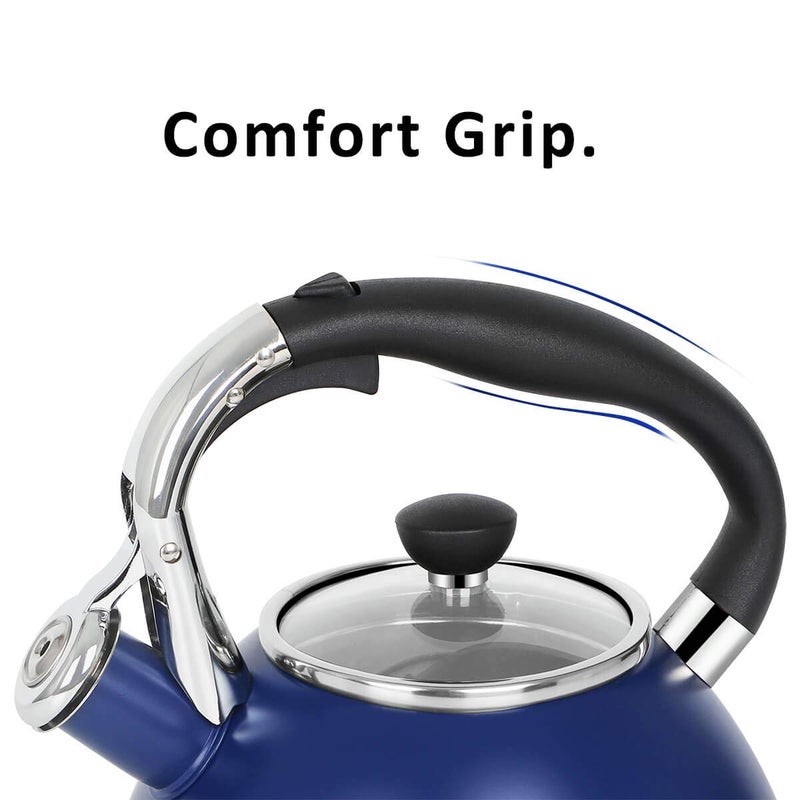 Rorence Stainless Steel Tea Kettle: 2.6 Quart Whistling Kettle with Capsule Bottom & Heat-resistant Glass Lid â€“ Navy Blue - Image 4